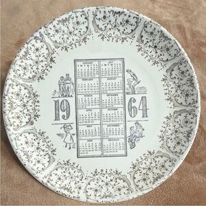 1964 Calendar Ceramic Collector Plate 9" White Gold Floral Decorative Border